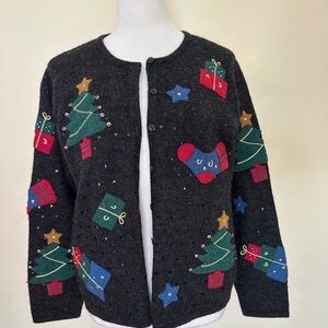 Talbots Charcoal black Knit Christmas cardigan Sweater- wool